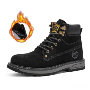 Black insulated combat boots with thermal fuzzy lining, heavy-duty rubber outsole, and gothic minimalist design