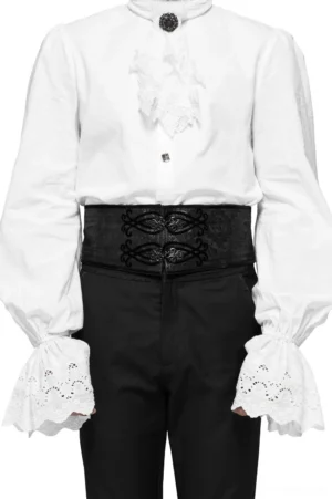 Black jacquard lace-up corset belt worn by male model in gothic victorian outfit, front full view