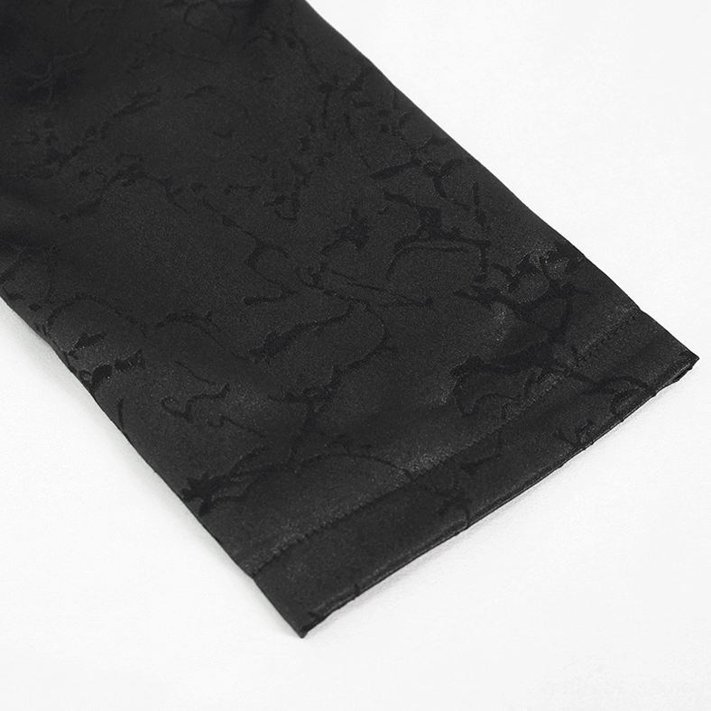 Black vine jacquard fabric swatch close-up, showing textured weave and satin-like finish of gothic tailcoat material