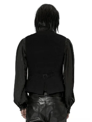 Gothic waistcoat rear view on male model displaying adjustable waist buckle and split back hem design