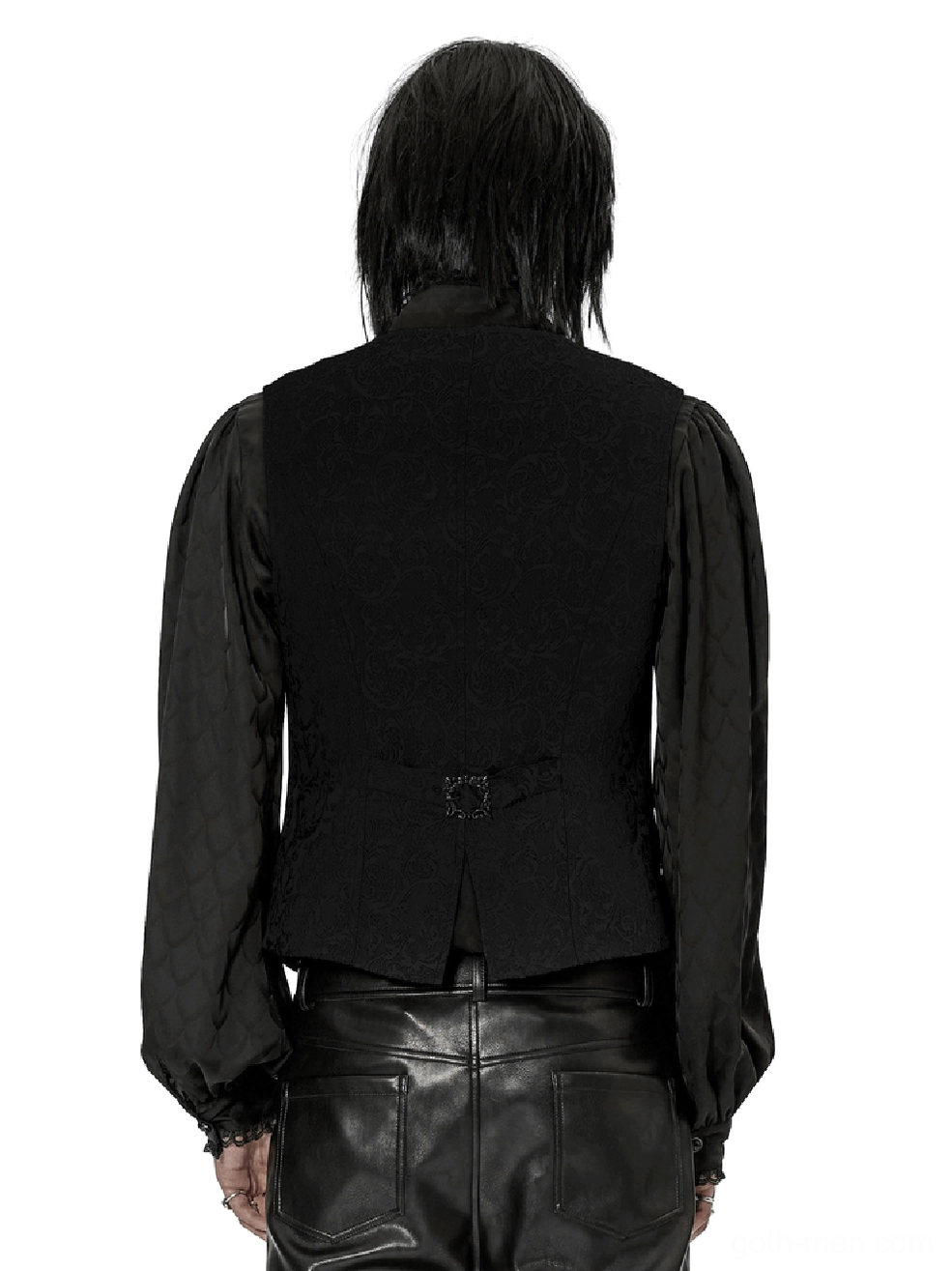 Gothic waistcoat rear view on male model displaying adjustable waist buckle and split back hem design
