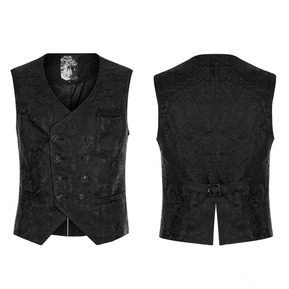 Black jacquard goth waistcoat flat lay front and rear view showing chain-trimmed pockets and tailored construction