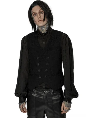 Black jacquard gothic waistcoat worn by tattooed model, front full view showing double-breasted buttons and 3D woven texture