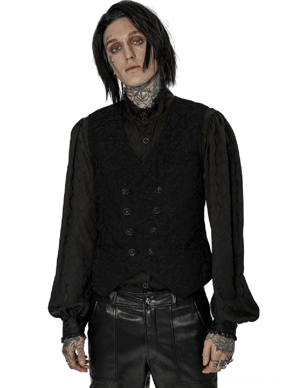 Black jacquard gothic waistcoat worn by tattooed model, front full view showing double-breasted buttons and 3D woven texture
