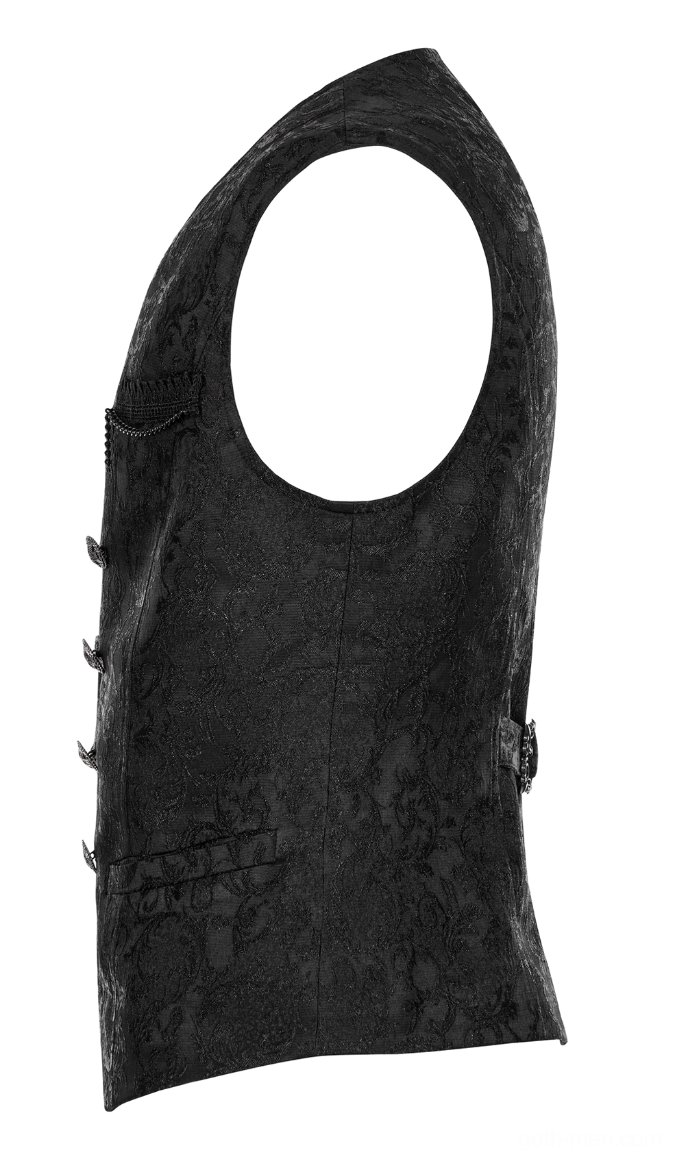 Side profile flat lay of black gothic waistcoat showing tailored fit, armhole construction, and clean side seams