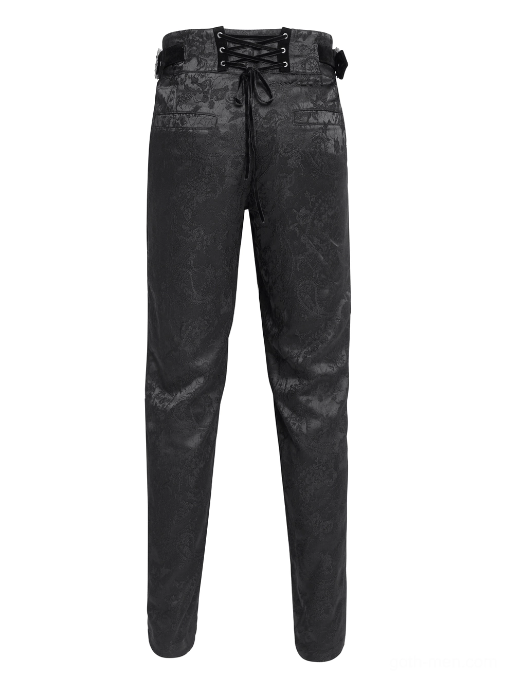 Black jacquard brocade gothic pants flat lay showing clean straight leg and structural silhouette