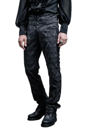 Black jacquard damask high-waist gothic trousers front view on male model with lace-up side details