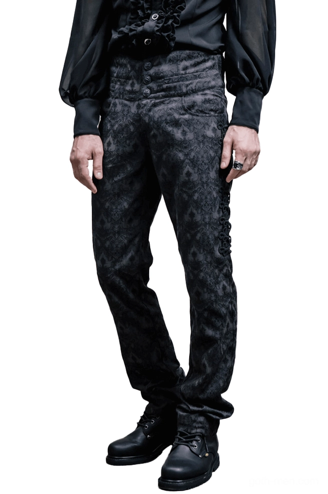 Black jacquard damask high-waist gothic trousers front view on male model with lace-up side details