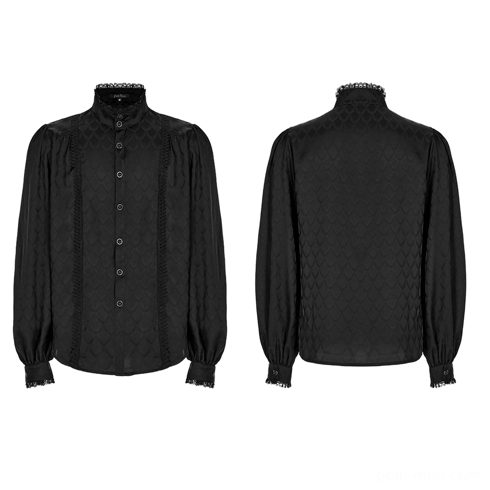 Black jacquard gothic shirt flat lay front and back view lace-trimmed collar and cuffs
