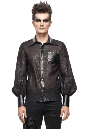 Black jacquard sheer gothic shirt with PU leather cuffs - front view on male model with punk styling, transparent mesh fabric with swirling pattern detail