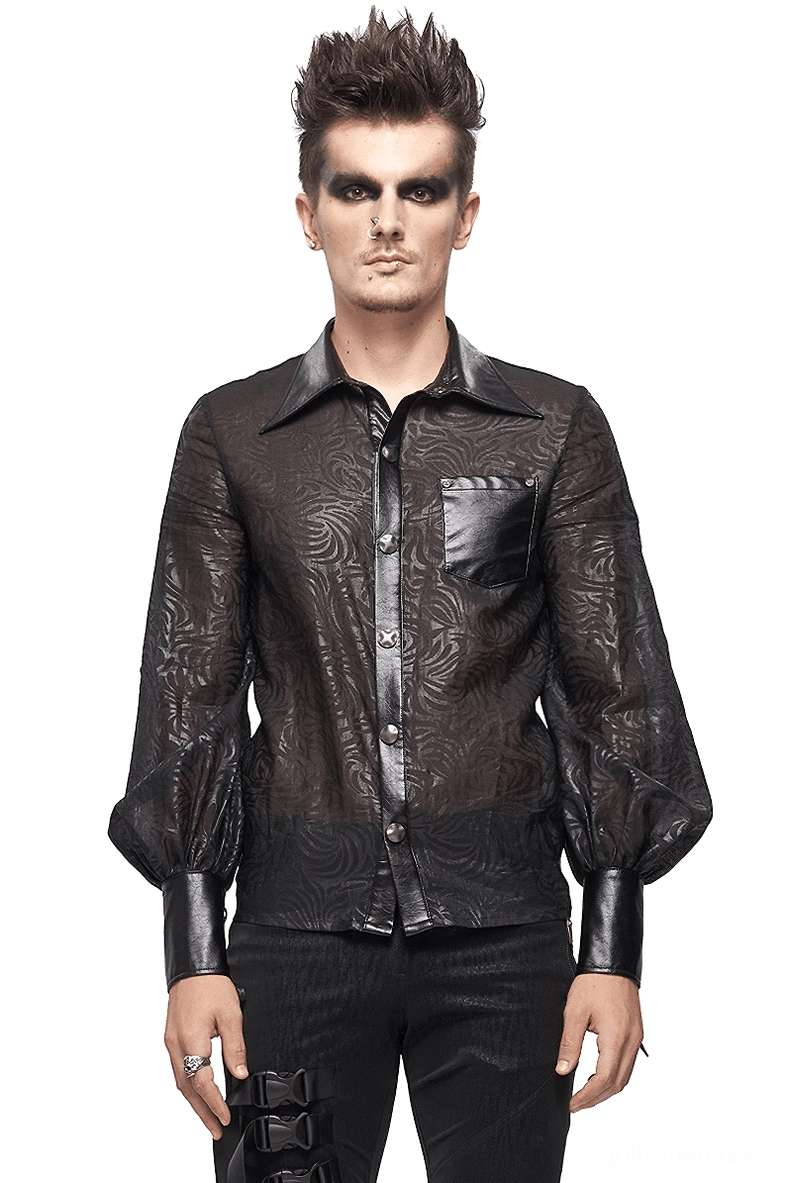 Black jacquard sheer gothic shirt with PU leather cuffs - front view on male model with punk styling, transparent mesh fabric with swirling pattern detail