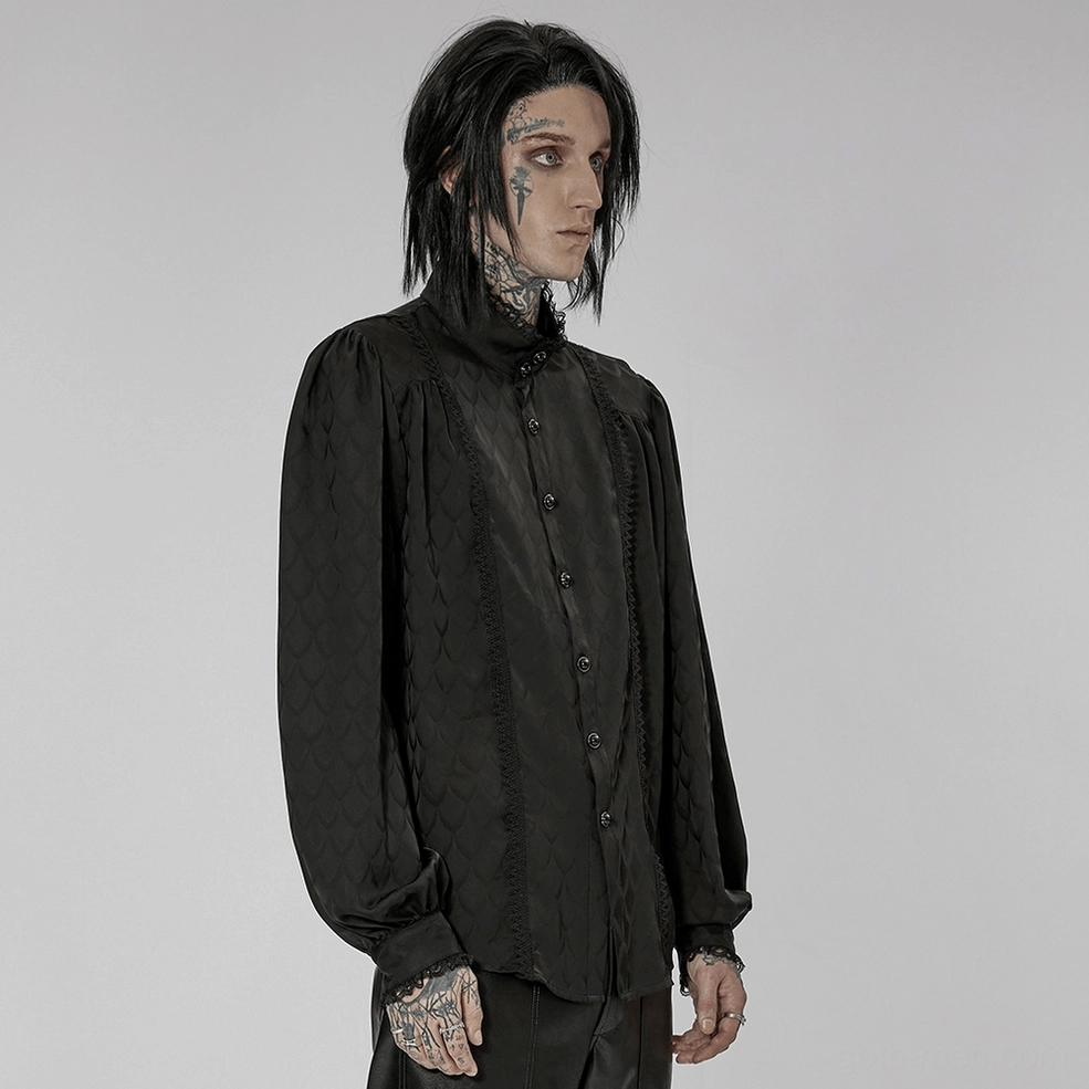 Black jacquard gothic shirt detail shot textured scaled weave and fabric