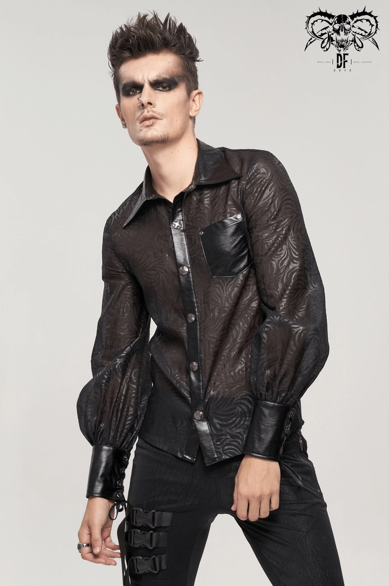 Full product view of black transparent gothic jacquard shirt with layering potential, multiple styling angles demonstrating versatility