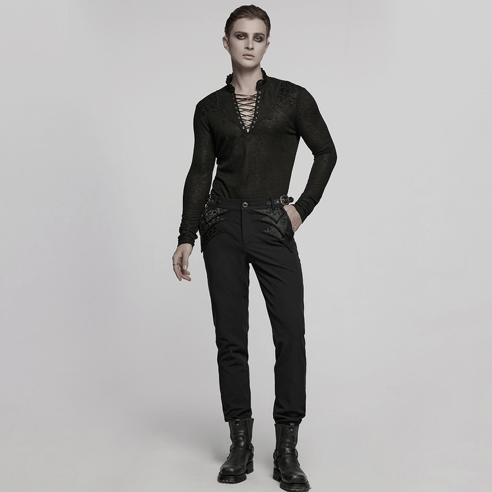 Black jacquard gothic trousers back pocket detail, showing functional design and rear silhouette construction