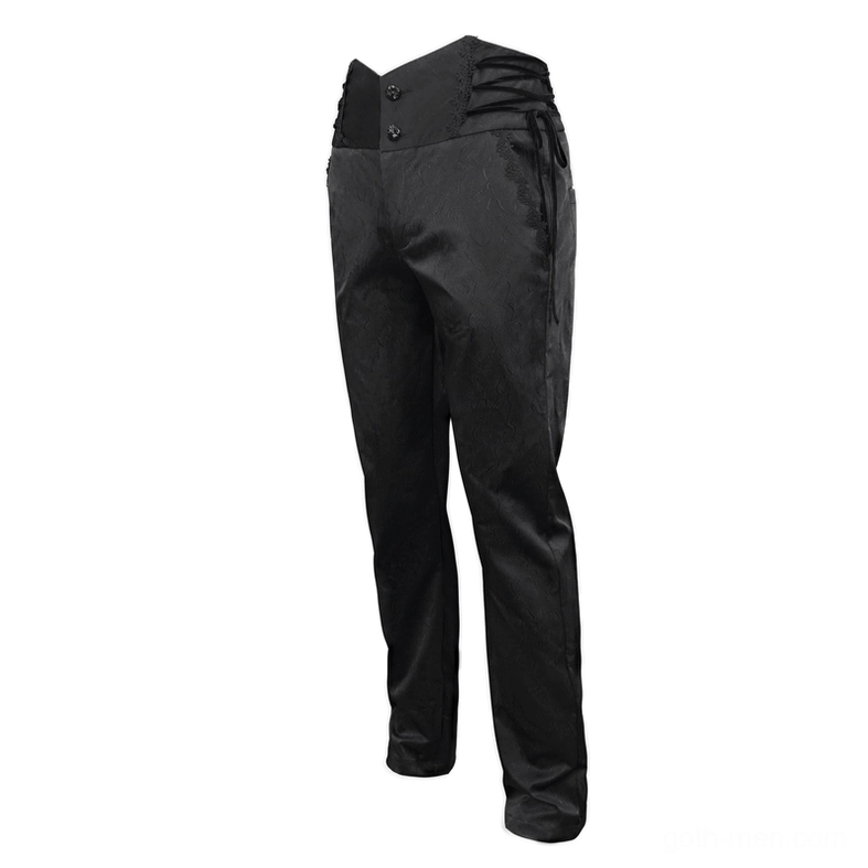 Close-up of black jacquard fabric texture and clean hem line on gothic trousers