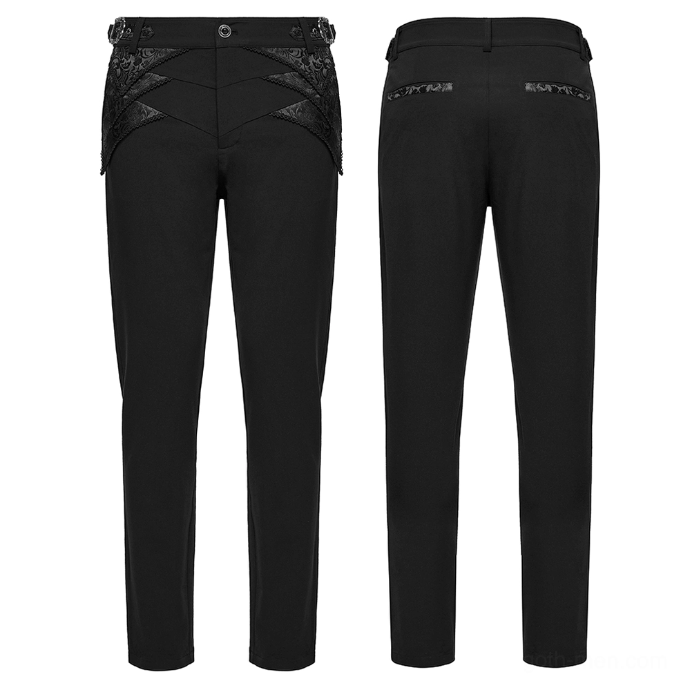 Black jacquard gothic trousers flat lay front and rear view, featuring lace accents and vintage button hardware details