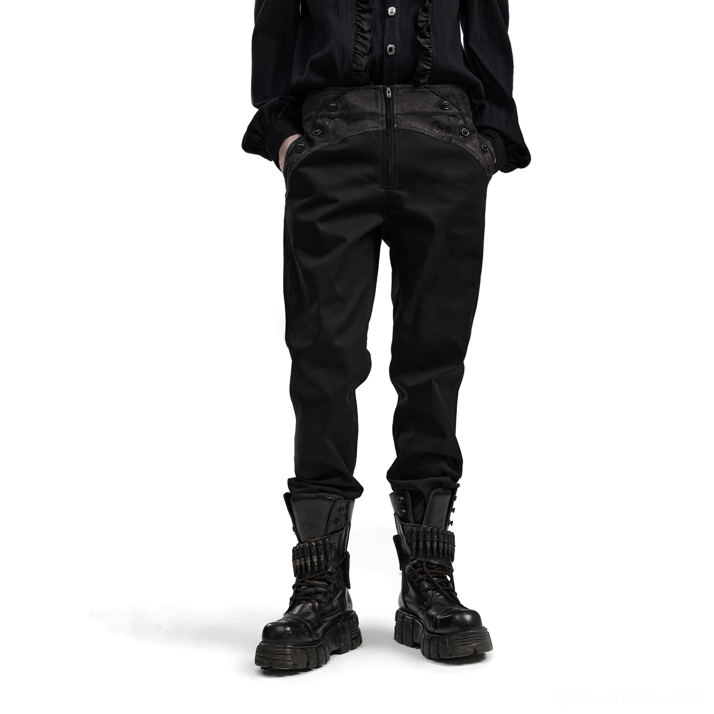 Black jacquard gothic slim-fit trousers front view on model, sleek tailored silhouette with decorative waist panel