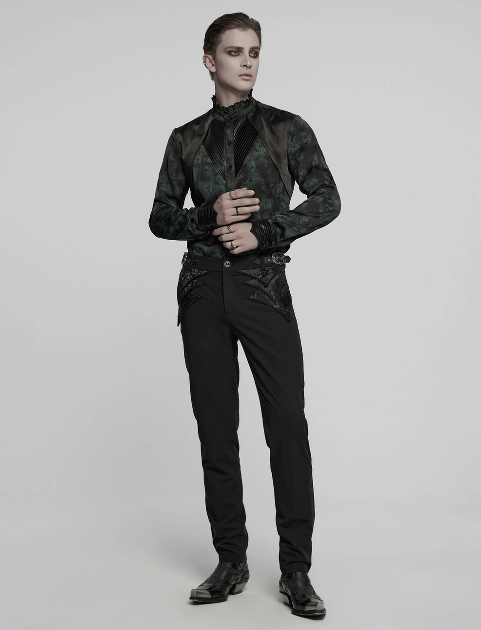 Black jacquard gothic trousers material composition breakdown, showing polyester, viscose, elastane and wool blend properties