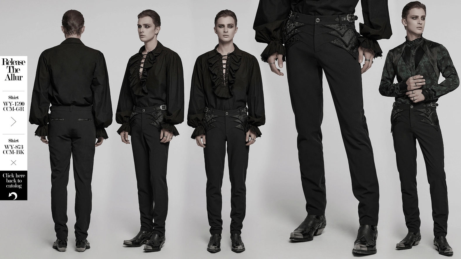 Black jacquard gothic trousers color and quality showcase, emphasizing deep black jacquard fabric with lace embellishment