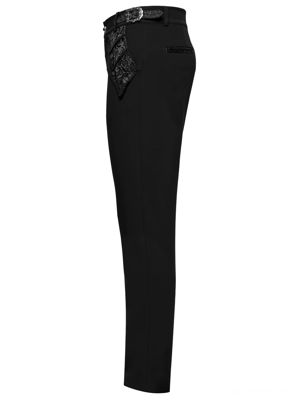 Black jacquard gothic trousers side flat lay view, highlighting side decorative pocket and straight leg cut