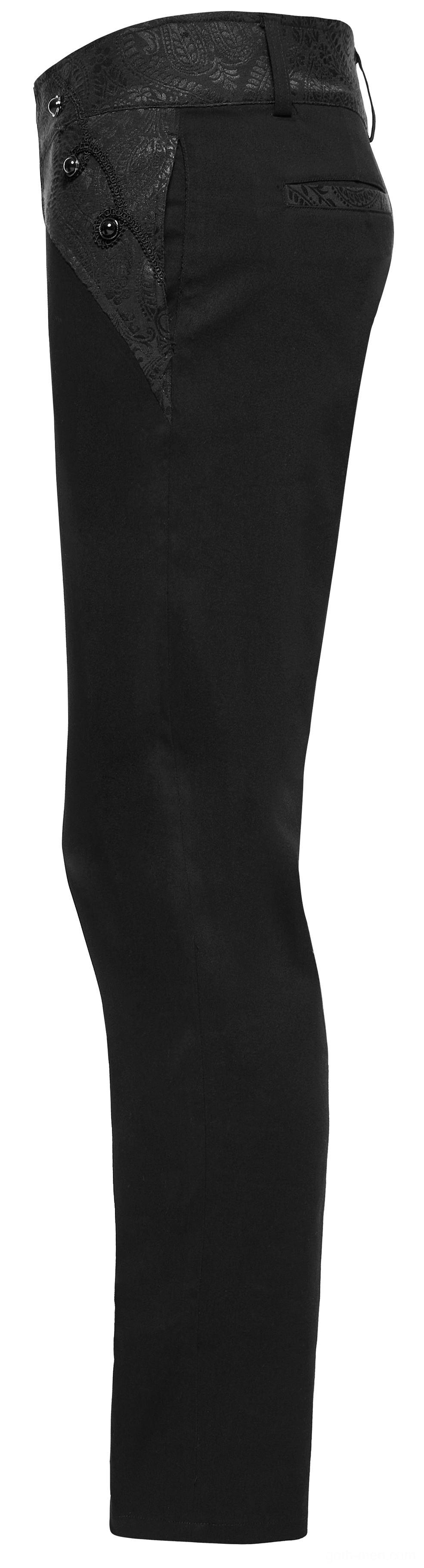 Black jacquard gothic trousers side flat view, displaying webbing belt loops with jacquard side seam detail