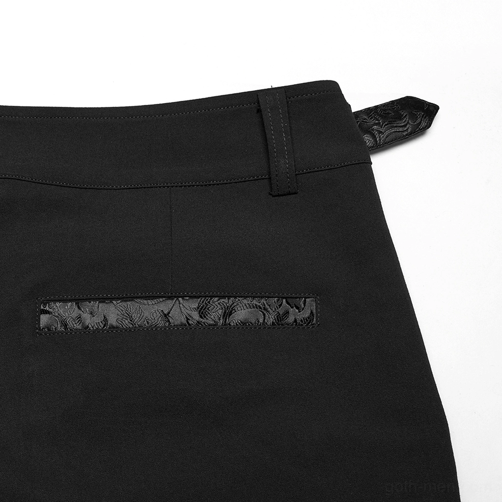 Black jacquard gothic trousers sizing measurement reference guide, waist and inseam dimensions for proper fit selection