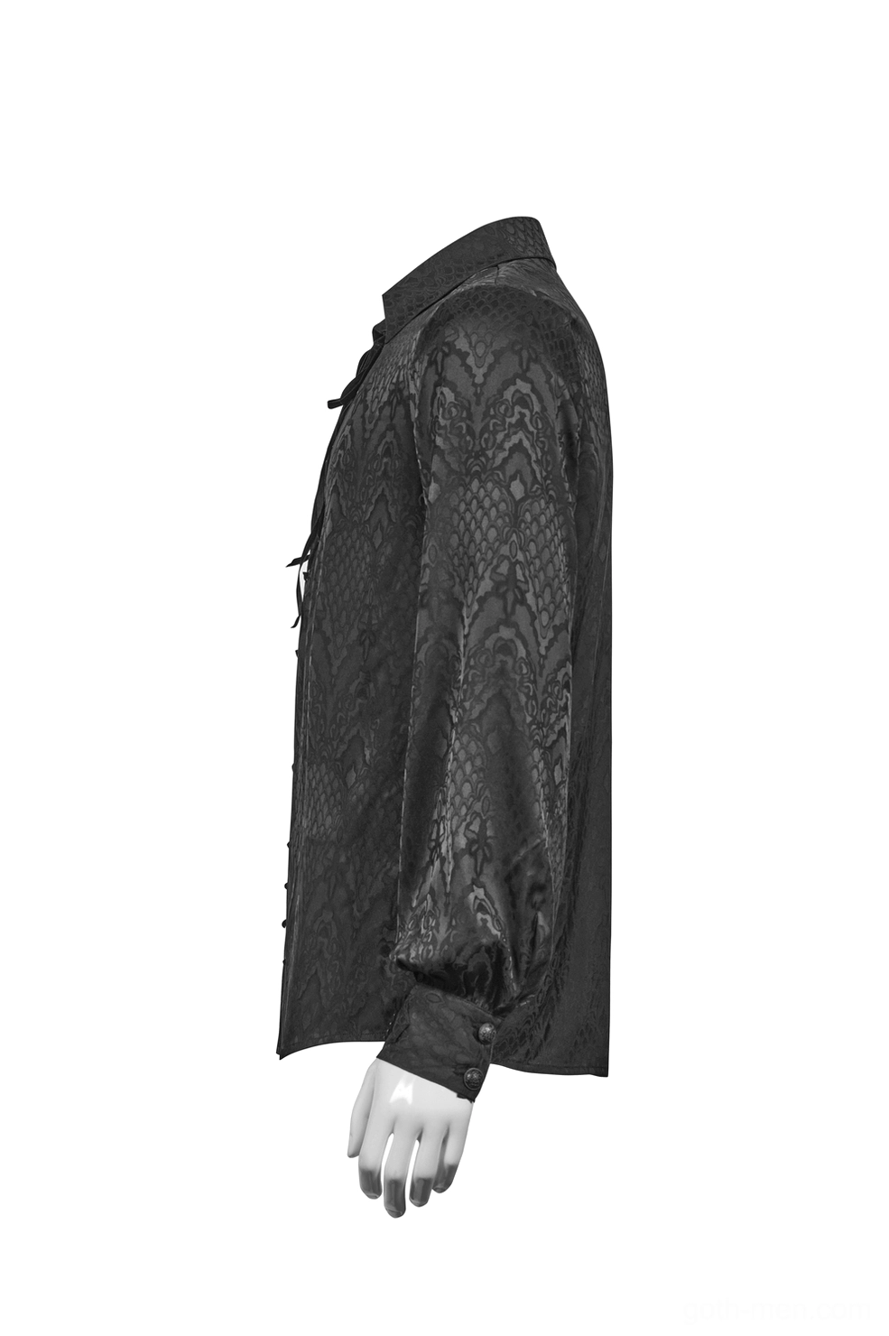 Black jacquard gothic men's shirt side view showing gathered bishop sleeve and tailored silhouette