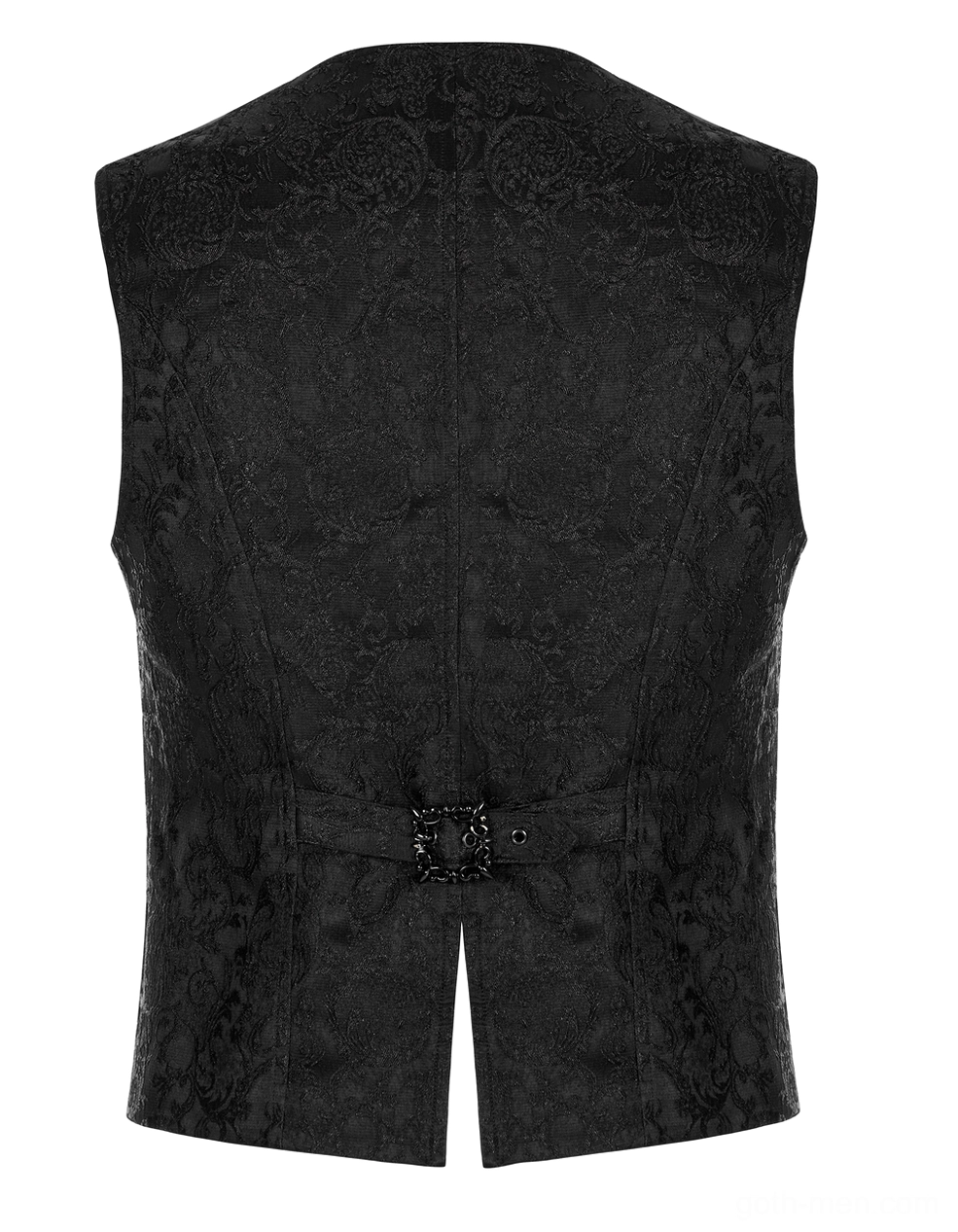 Gothic waistcoat rear flat lay view displaying split back hem, adjustable waist buckle, and inelastic structured fabric