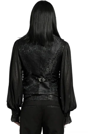 Black jacquard waistcoat back view on model, showing adjustable buckle strap and rear silhouette with side lacing details