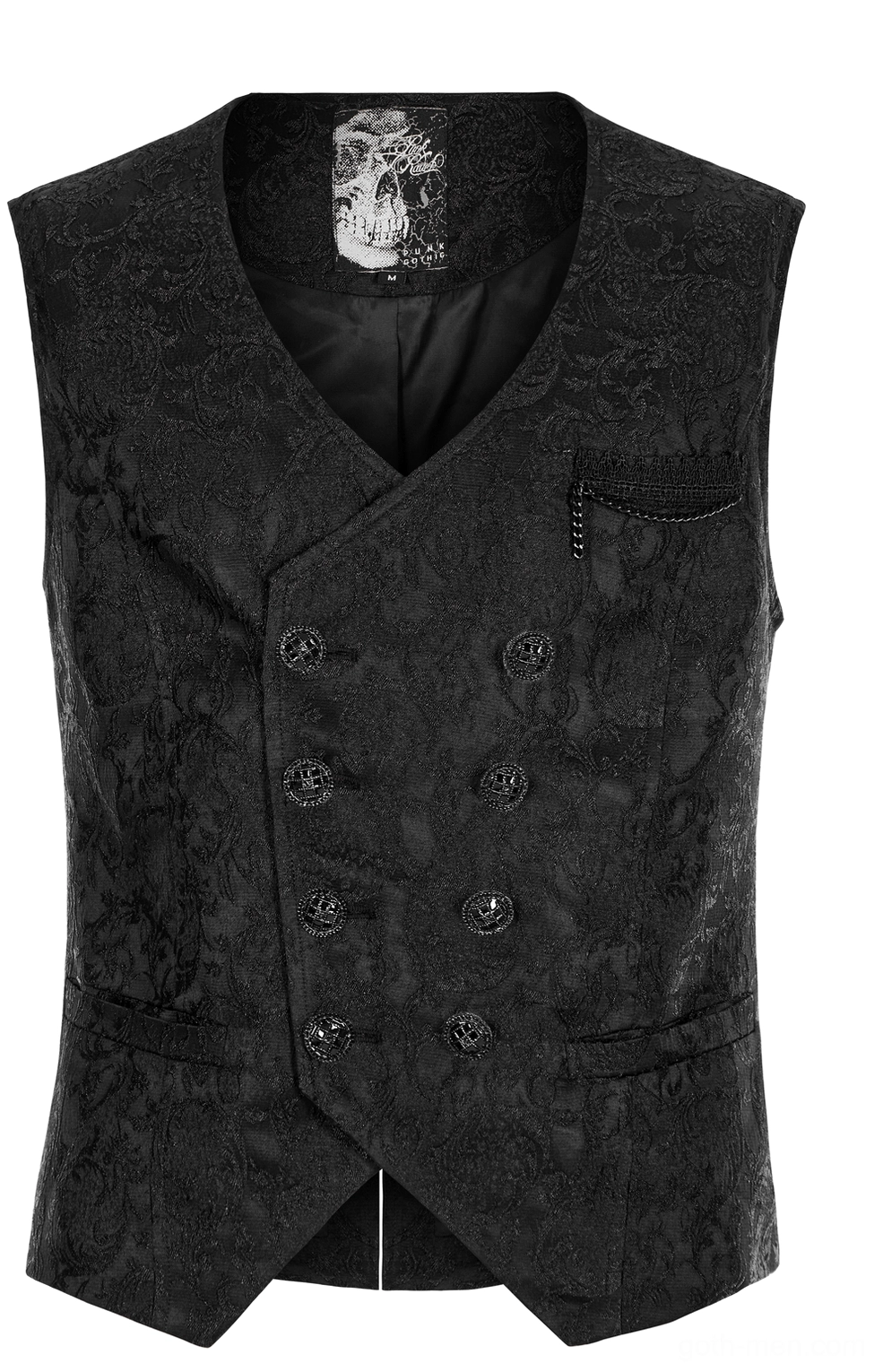 Gothic waistcoat front flat lay close-up showcasing double-breasted button placement and intricate jacquard weave texture