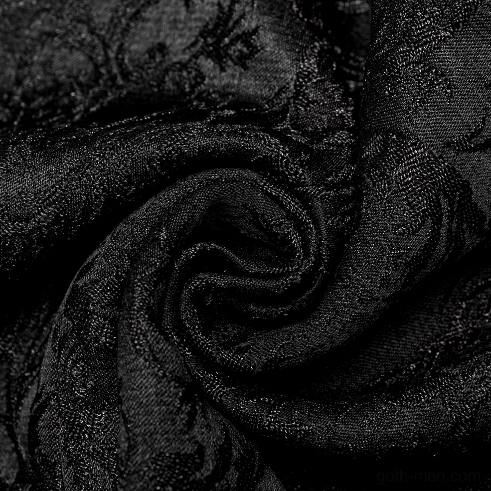 Hand-sewn metal button detail on black gothic waistcoat double-breasted front with jacquard background