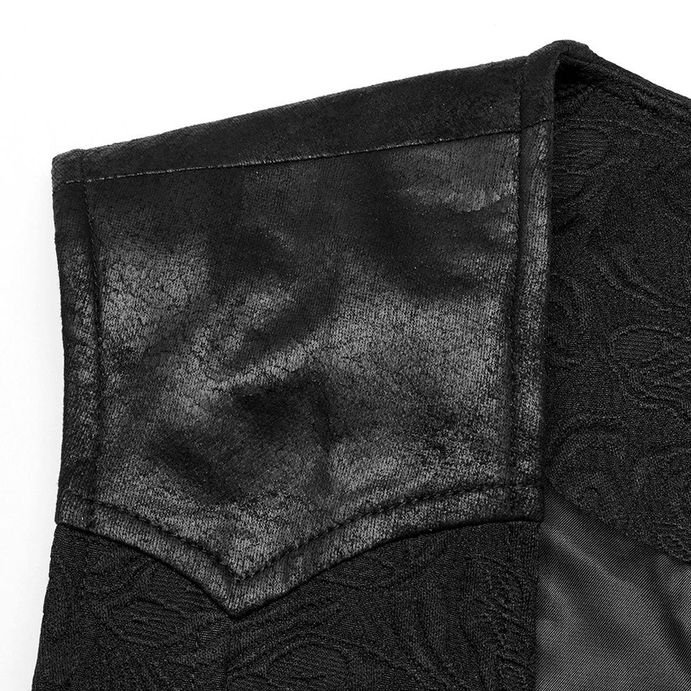 Black jacquard gothic waistcoat showing ornamental metal detailing and textured damask fabric weave for alternative fashion