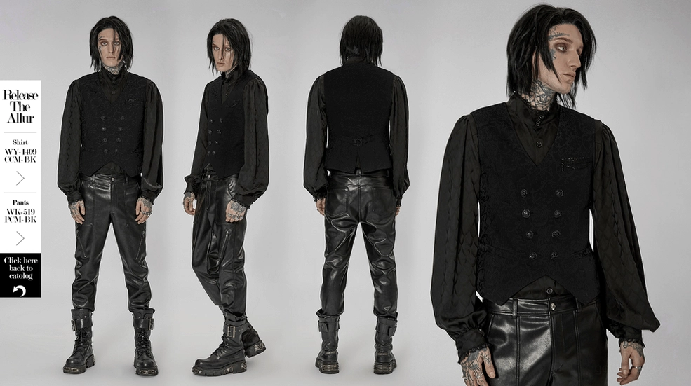 Black gothic waistcoat structured fit and tailored silhouette from multiple angles showing craftsmanship