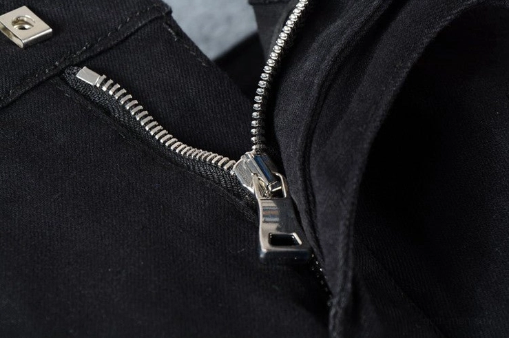 Black jeans metal zipper fly detail - square snap buttons and zipper hardware