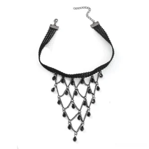Black lace gothic choker necklace with teardrop beads flat lay, showing woven lace band and lattice chain design on white background