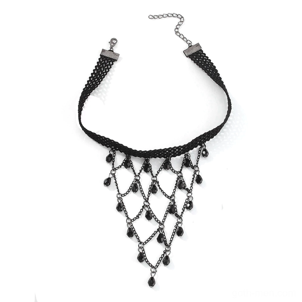 Black lace gothic choker necklace with teardrop beads flat lay, showing woven lace band and lattice chain design on white background