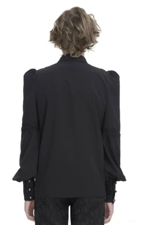 Gothic black lace shirt rear back view showing solid panel and structured metallic button cuffs