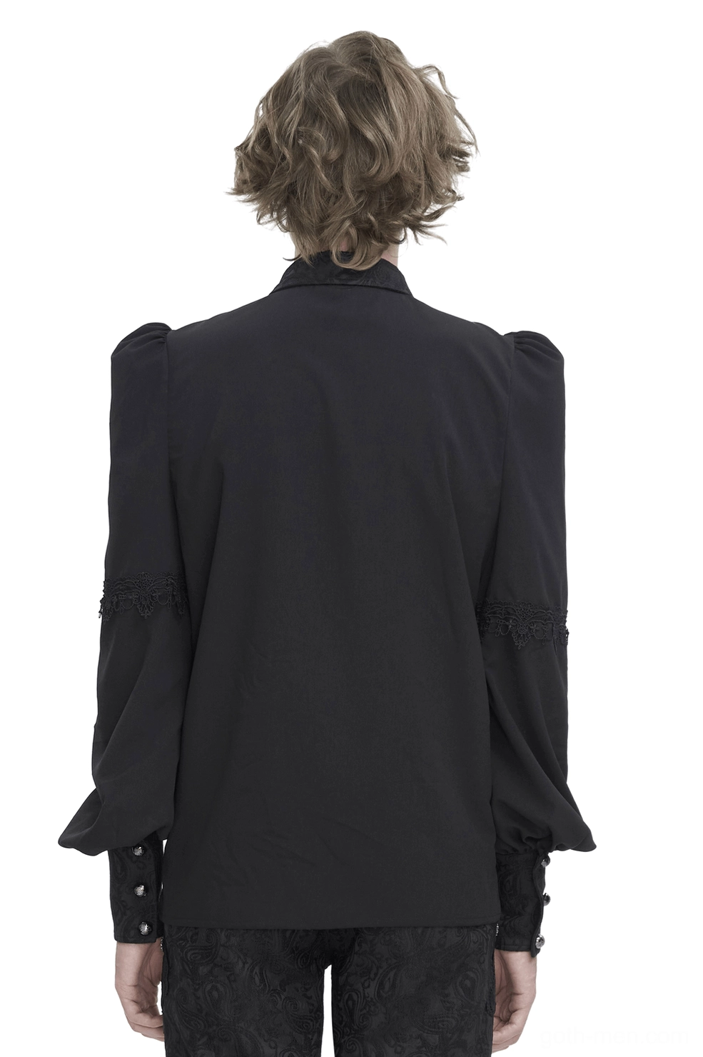 Gothic black lace shirt rear back view showing solid panel and structured metallic button cuffs