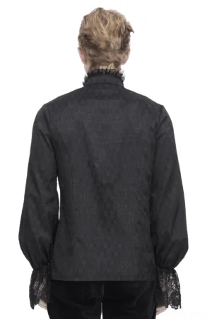Back view of black gothic Victorian shirt on male model displaying geometric jacquard texture and lace cuff trim