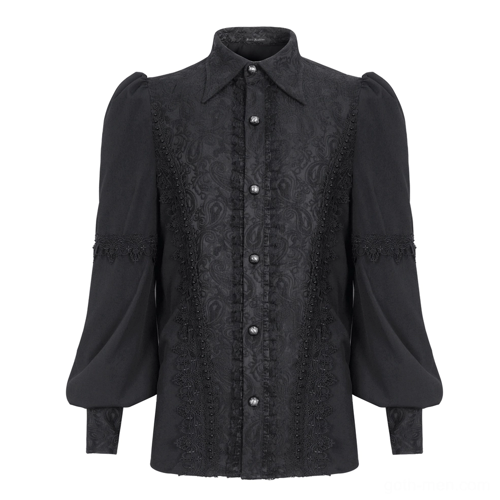 Men's black lace gothic dress shirt front flat lay with decorative paisley panels and bishop sleeves
