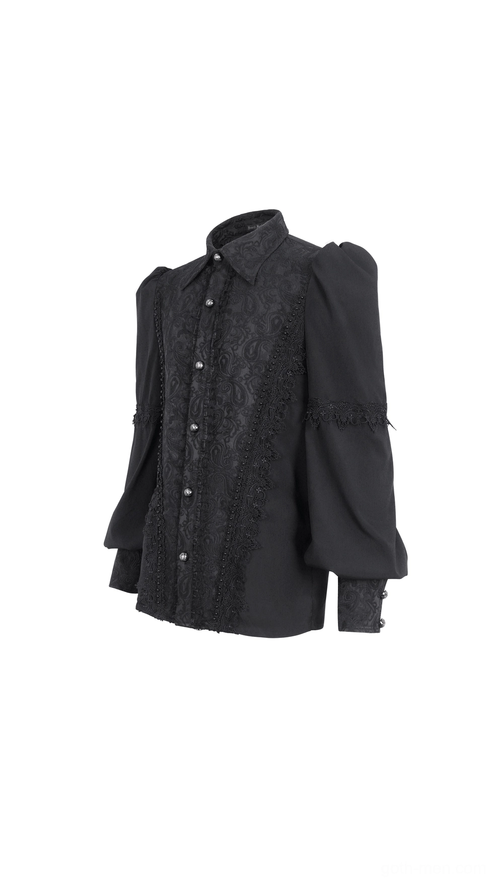 Black gothic lace shirt front three-quarter view showing jacquard front panels and button placket detail