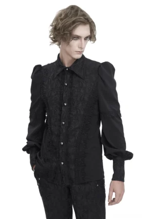 Black lace bishop sleeve gothic shirt front three-quarter view with paisley jacquard detailing and puffed sleeves