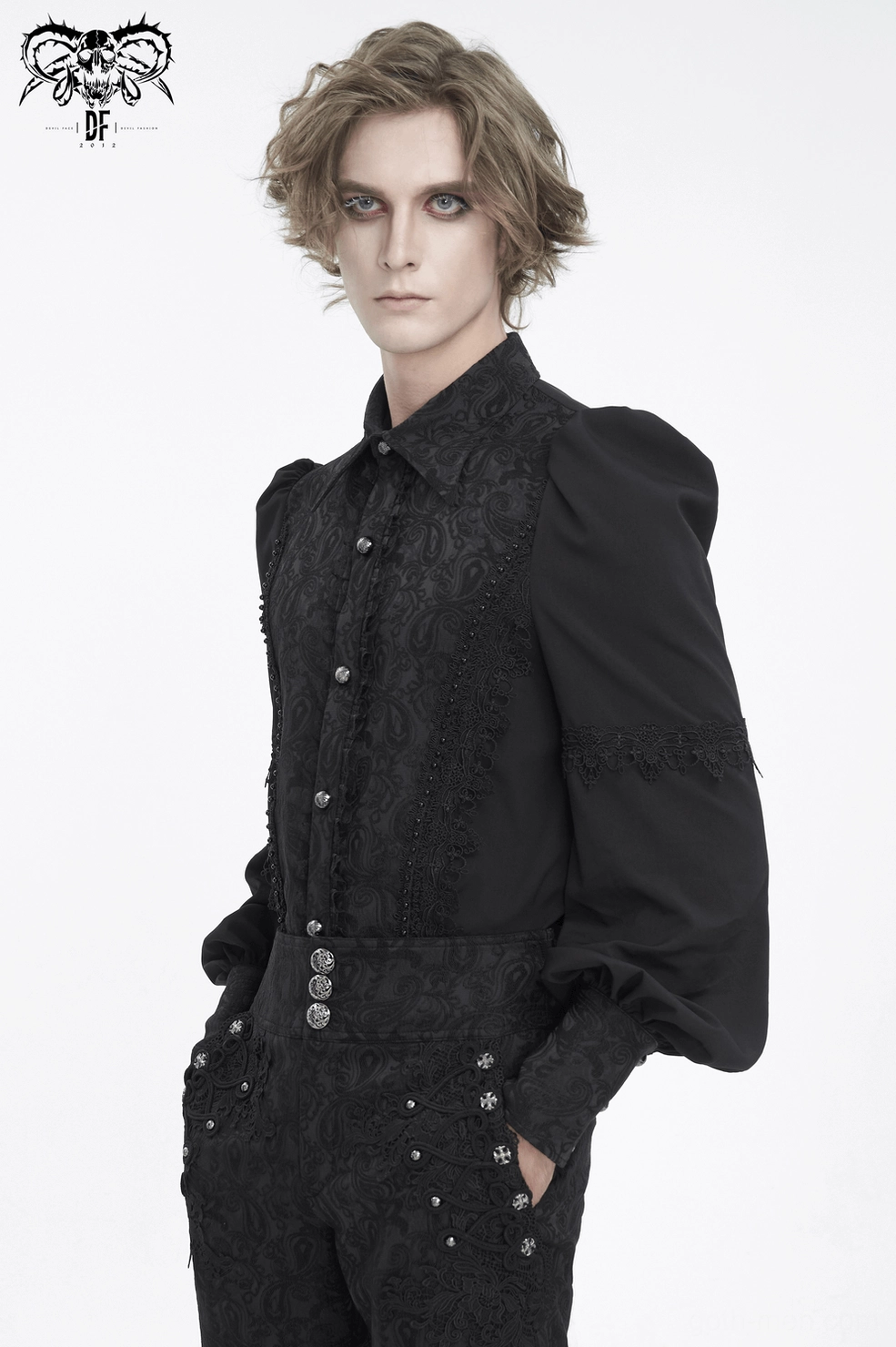 Black lace gothic shirt complete front view showcasing tailored fit and paisley lace detailing