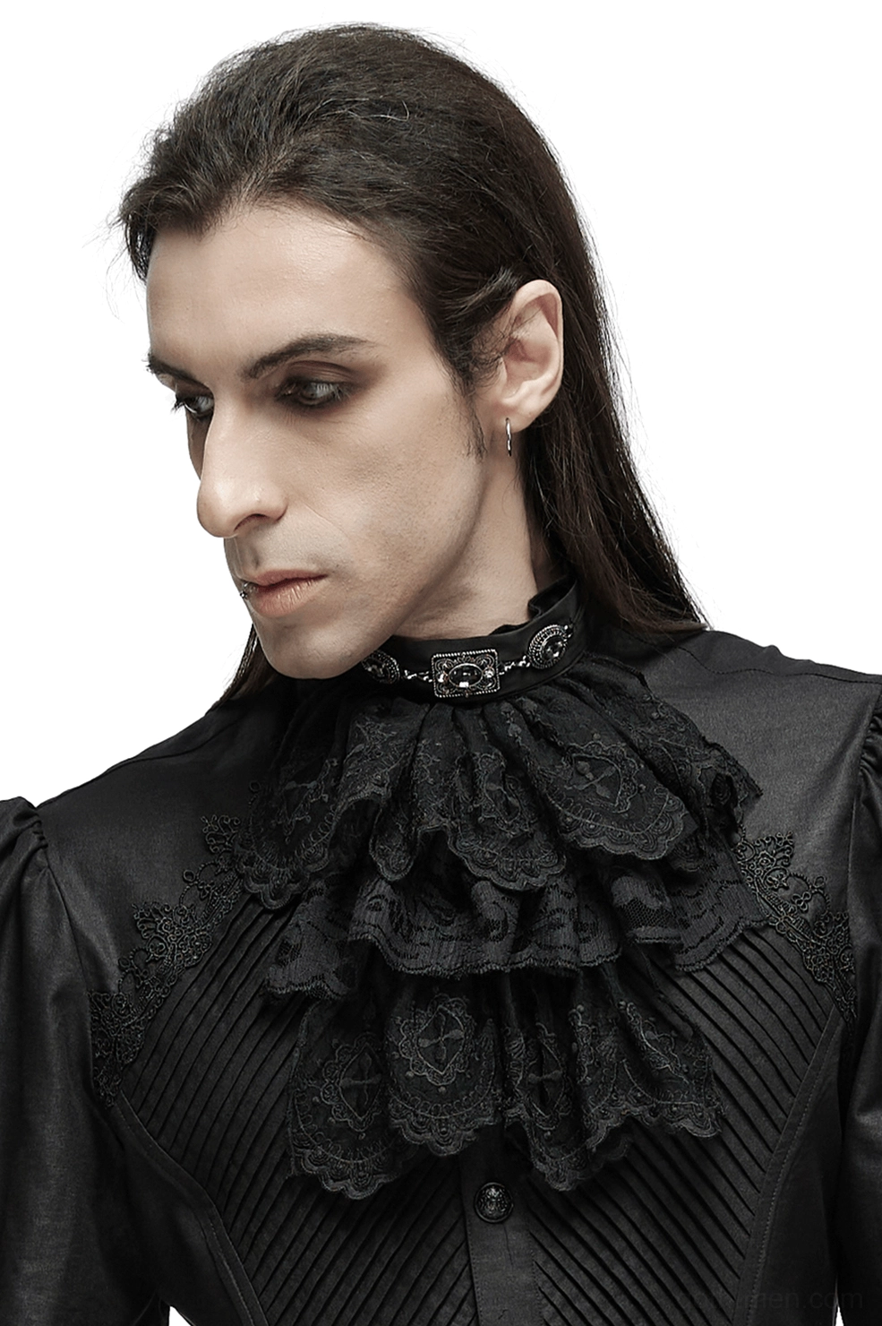 Black gothic jabot collar side profile view showing lace layering and dimensional depth, worn with formal leather shirt