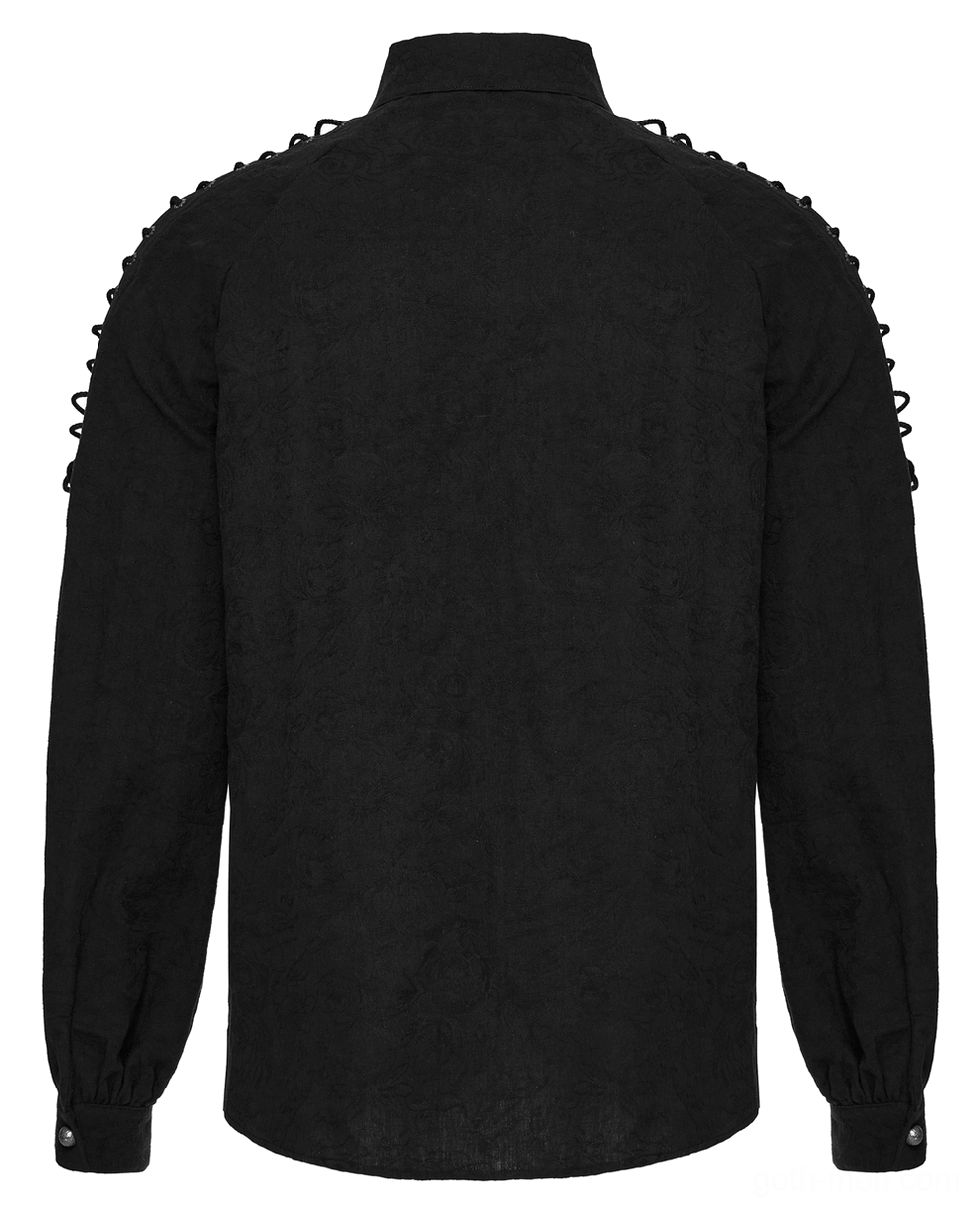 Black lace-up gothic shirt for men - rear flat lay displaying tailored back and shoulder lace trim detail