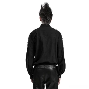 Black lace-up gothic shirt for men - back perspective on model paired with leather pants showcasing shoulder lace design