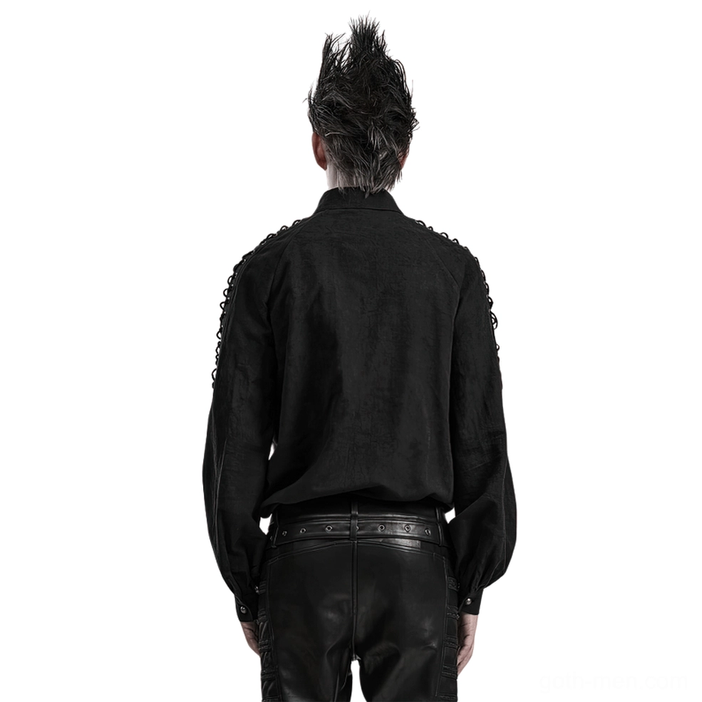 Black lace-up gothic shirt for men - back perspective on model paired with leather pants showcasing shoulder lace design