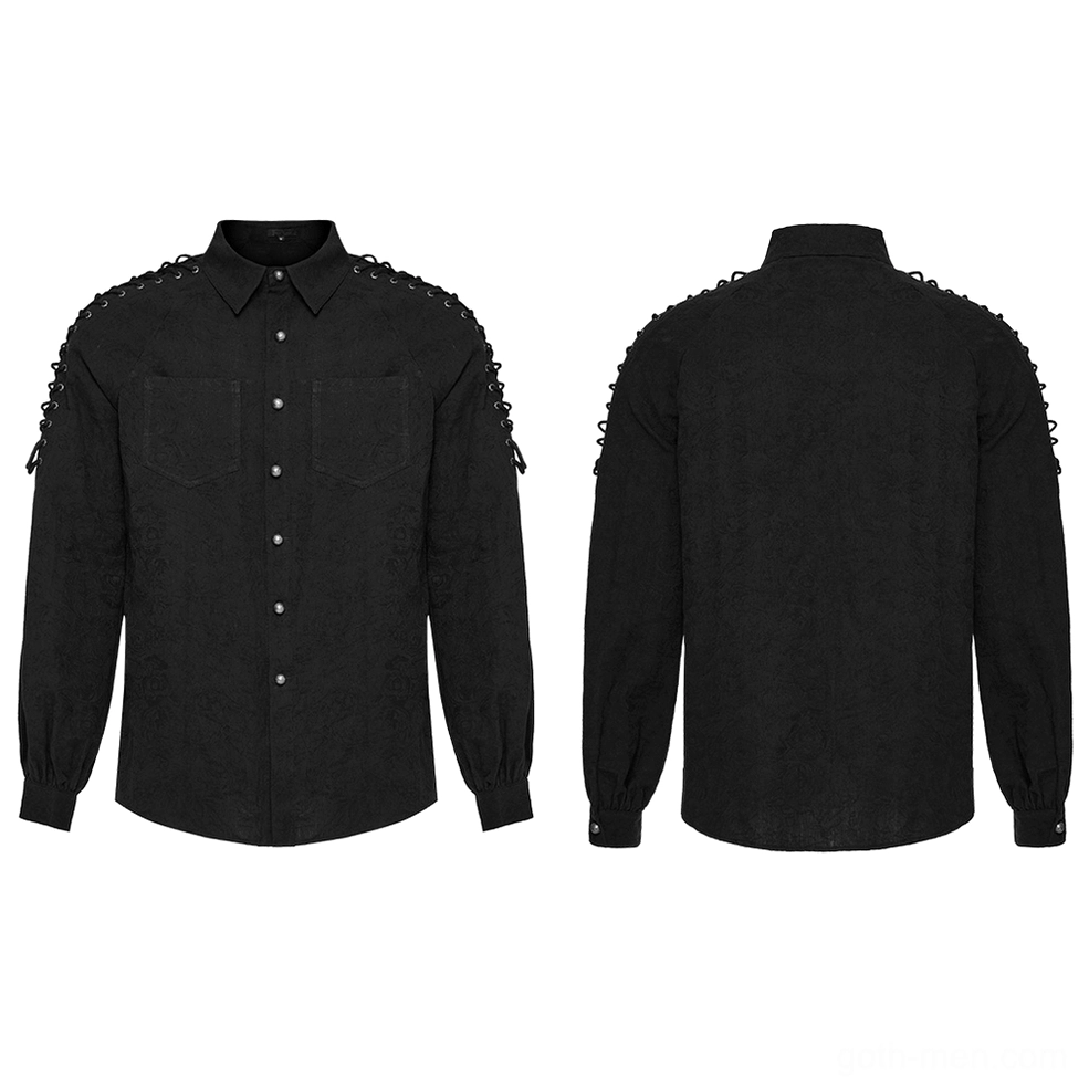 Black lace-up gothic shirt for men - flat lay front and back view displaying full garment structure and lace details