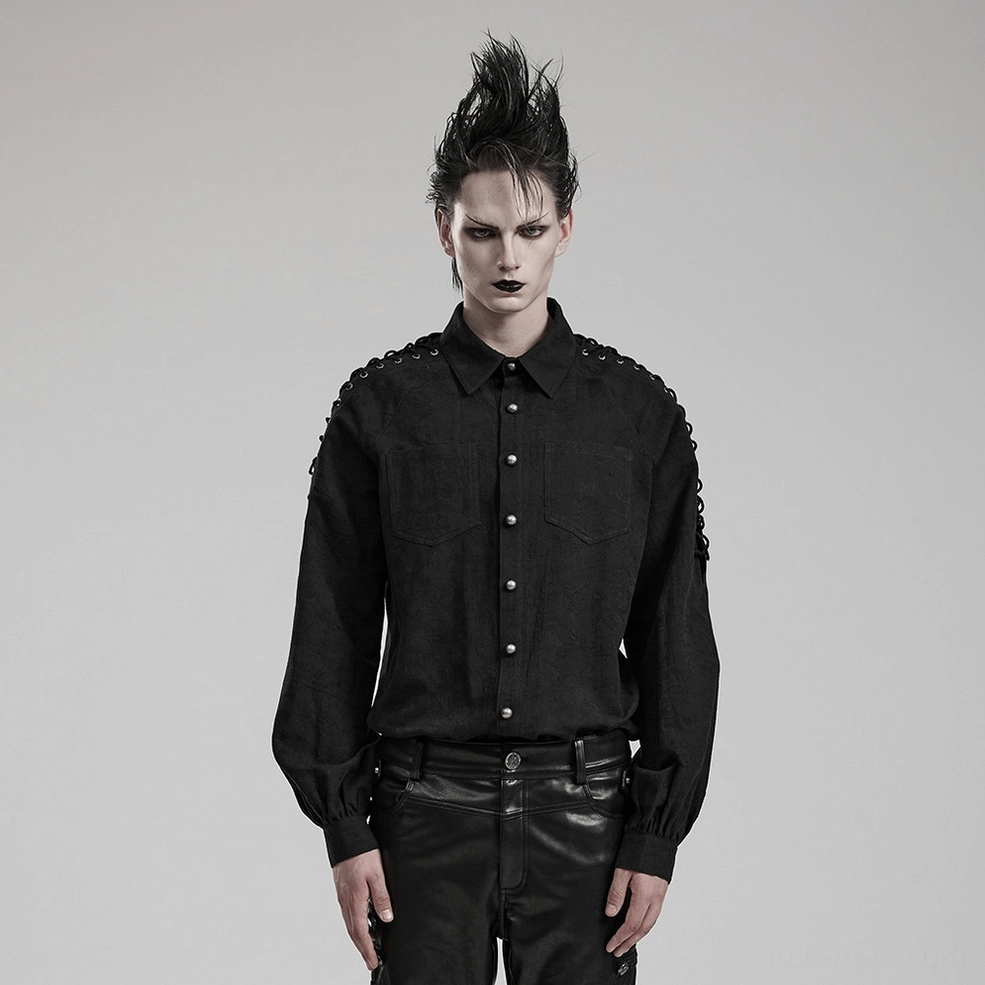 Black lace-up gothic shirt for men - alternative front flat lay angle showing button front and chest pocket placement