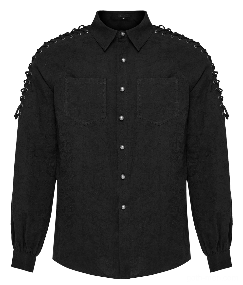 Black lace-up gothic shirt for men - front flat lay showing embroidered fabric texture and buttoned front closure